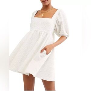 Free People Violet Mini Dress White‎ Puff Sleeve Bow Back NWT M